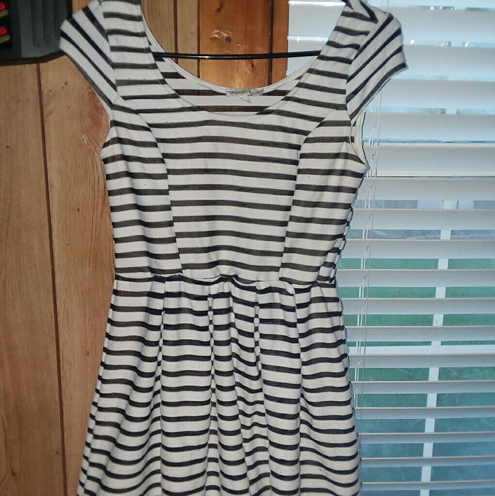 Black and white striped dress with soft tan layer